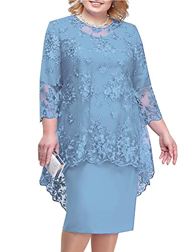 Minetom Damen Übergröße Spitze Kleid 3/4 Ärmel Loose Abend Cocktailkleid Knielang Retro Party Abendkleider Rockabilly Kleid Spitzenkleid G Blau L von Minetom