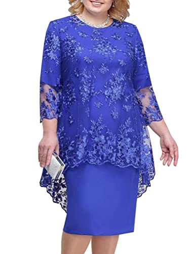 Minetom Damen Übergröße Spitze Kleid 3/4 Ärmel Loose Abend Cocktailkleid Knielang Retro Party Abendkleider Rockabilly Kleid Spitzenkleid G Dunkelblau 4XL von Minetom