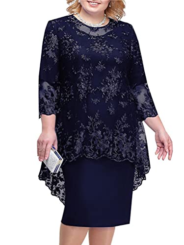 Minetom Damen Übergröße Spitze Kleid 3/4 Ärmel Loose Abend Cocktailkleid Knielang Retro Party Abendkleider Rockabilly Kleid Spitzenkleid G Marine 3XL von Minetom