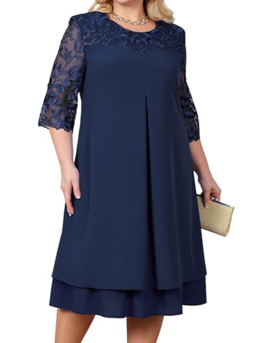 Minetom Damen Übergröße Spitze Kleid 3/4 Ärmel Loose Abend Cocktailkleid Knielang Retro Party Abendkleider Rockabilly Kleid Spitzenkleid I Marine XXL von Minetom