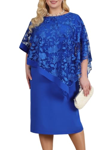 Minetom Damen Übergröße Spitze Kleid 3/4 Ärmel Loose Abend Cocktailkleid Knielang Retro Party Abendkleider Rockabilly Kleid Spitzenkleid K Blau L von Minetom