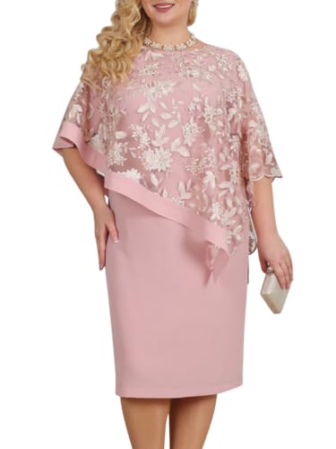 Minetom Damen Übergröße Spitze Kleid 3/4 Ärmel Loose Abend Cocktailkleid Knielang Retro Party Abendkleider Rockabilly Kleid Spitzenkleid K Rosa XL von Minetom
