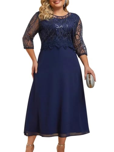 Minetom Damen Übergröße Spitze Kleid 3/4 Ärmel Loose Abend Cocktailkleid Knielang Retro Party Abendkleider Rockabilly Kleid Spitzenkleid L Marine 3XL von Minetom