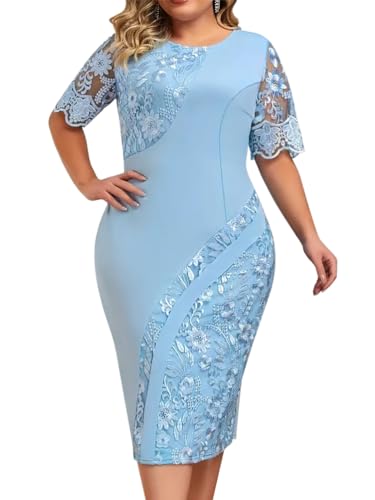 Minetom Damen Übergröße Spitze Kleid 3/4 Ärmel Loose Abend Cocktailkleid Knielang Retro Party Abendkleider Rockabilly Kleid Spitzenkleid M Blau 4XL von Minetom