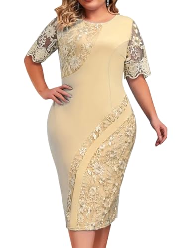 Minetom Damen Übergröße Spitze Kleid 3/4 Ärmel Loose Abend Cocktailkleid Knielang Retro Party Abendkleider Rockabilly Kleid Spitzenkleid M Gelb 4XL von Minetom
