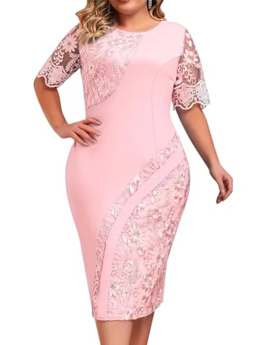 Minetom Damen Übergröße Spitze Kleid 3/4 Ärmel Loose Abend Cocktailkleid Knielang Retro Party Abendkleider Rockabilly Kleid Spitzenkleid M Rosa XXL von Minetom