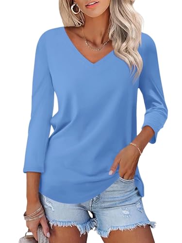 Minetom Damen V Ausschnitt 3/4 Ärmel T Shirt Solid Casual Basic Tops Sommer Tees A Blau von Minetom