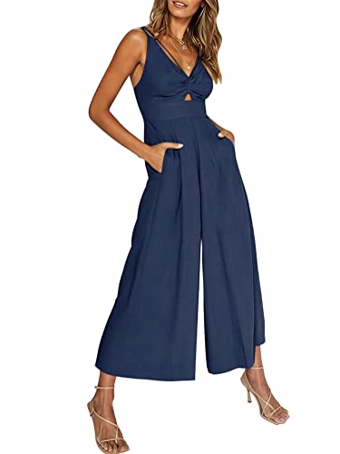 Minetom Damen V-Ausschnitt Ärmellos Hohl Lang Jumpsuit Overall Playsuit Romper Hochzeit Strand Weites Bein Hosenanzug Mit Taschen A Blau XS von Minetom