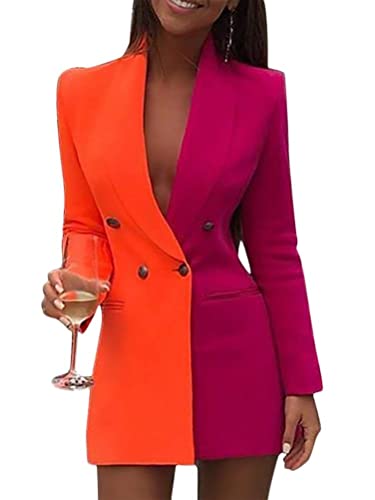 Minetom Damen V-Ausschnitt Blazer Kleid Frauen Langarm Hemdkleid Business Lange Knopf Anzug Spleißen Minikleider Orange 36 von Minetom