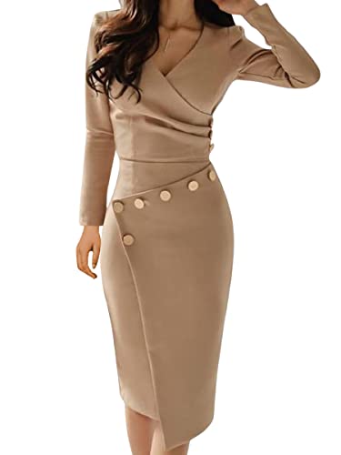 Minetom Damen V-Ausschnitt Business Retro Cocktail Bleistift Wear Für Die Arbeit Büro Freizeitkleid Bodycon Bleistiftkleid Midi Kleider Mit Knopf Dekorativ Asymmetrischer Saum A Khaki M von Minetom