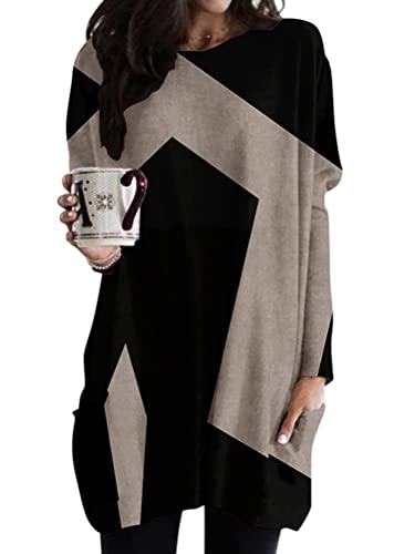 Minetom Damen V-Ausschnitt Druck Langarmshirt Lose Langarm Oberteile Oversize Lang Sweatshirt Asymmetrisch Saum Tops Mit Taschen L Khaki 3XL von Minetom