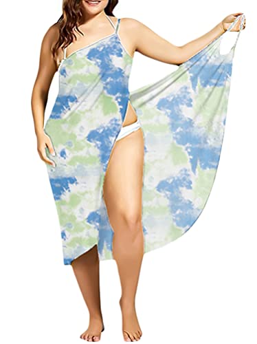 Minetom Damen V-Ausschnitt Lang Kleid Sommer Bikini Cover Up Wickelkleid Bademantel Handtuch Reise Spa Schwimmen Druck Strandkleider A Grün XL von Minetom