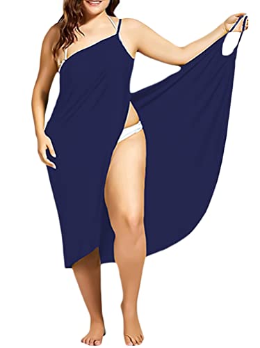 Minetom Damen V-Ausschnitt Lang Kleid Sommer Bikini Cover Up Wickelkleid Bademantel Handtuch Reise Spa Schwimmen Einfarbig Strandkleider B Marine 3XL von Minetom