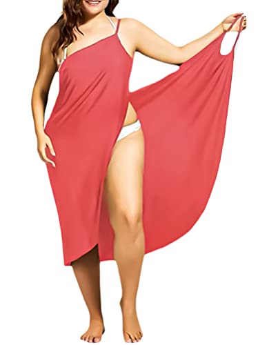 Minetom Damen V-Ausschnitt Lang Kleid Sommer Bikini Cover Up Wickelkleid Bademantel Handtuch Reise Spa Schwimmen Einfarbig Strandkleider B Rot XL von Minetom