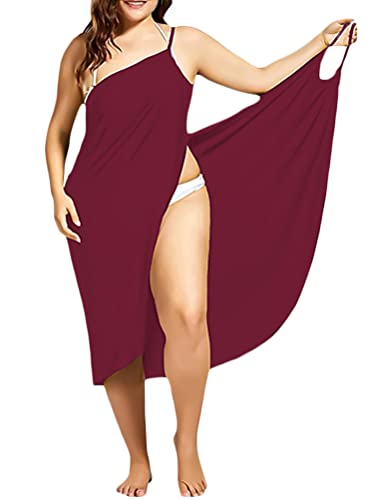 Minetom Damen V-Ausschnitt Lang Kleid Sommer Bikini Cover Up Wickelkleid Bademantel Handtuch Reise Spa Schwimmen Einfarbig Strandkleider B Weinrot 3XL von Minetom