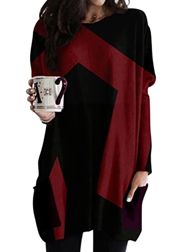 Minetom Damen V-Ausschnitt Langarmshirt Druck Lose Langarm Oberteile Oversize Lang Sweatshirt Tops Asymmetrisch Saum Pullover Mit Taschen L Rot XXL von Minetom