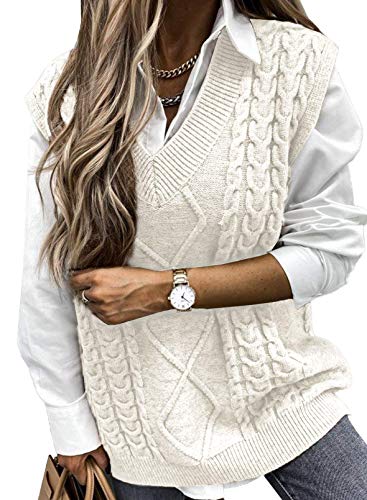 Minetom Damen V-Ausschnitt Strickweste Pullunder Ärmelloser Pullover Weste Strick Tank Top Lose Winter Warm Sweater Streetwear A Beige 40 von Minetom