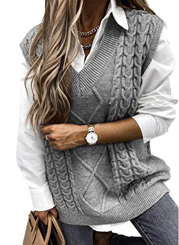 Minetom Damen V-Ausschnitt Strickweste Pullunder Ärmelloser Pullover Weste Strick Tank Top Lose Winter Warm Sweater Streetwear A Grau 38 von Minetom