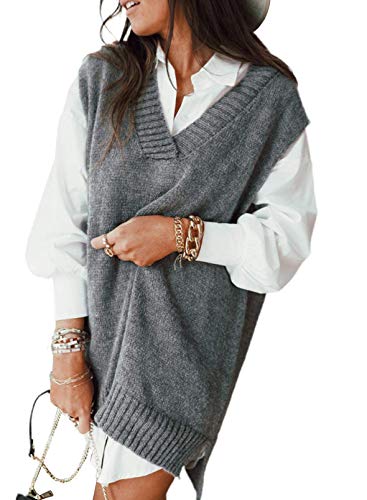 Minetom Damen V-Ausschnitt Strickweste Pullunder Ärmelloser Pullover Weste Strick Tank Top Oversize Winter Warm Sweater Streetwear B Grau 36 von Minetom