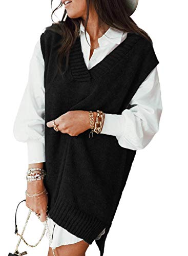 Minetom Damen V-Ausschnitt Strickweste Pullunder Ärmelloser Pullover Weste Strick Tank Top Oversize Winter Warm Sweater Streetwear B Schwarz 38 von Minetom