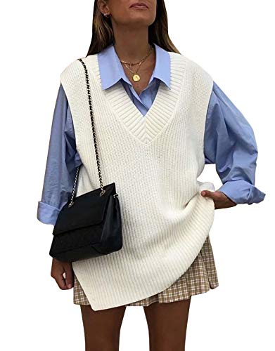 Minetom Damen V-Ausschnitt Strickweste Pullunder Ärmelloser Pullover Weste Strick Tank Top Oversize Winter Warm Sweater Streetwear C Weiß 42 von Minetom