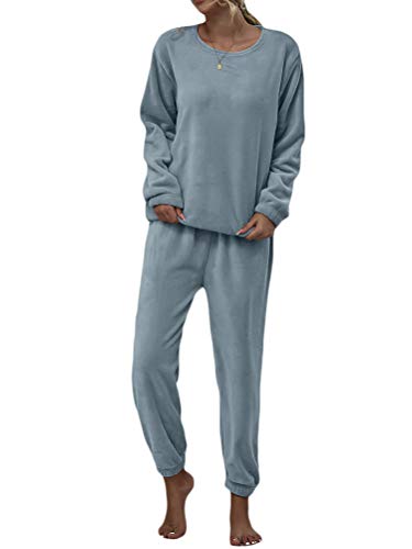 Minetom Damen Velours Hausanzug Weich Warm Samt Pyjamas Zweiteiler Freizeitanzug Mit Taschen Oberteil+Hose Für Winter Blau XS von Minetom