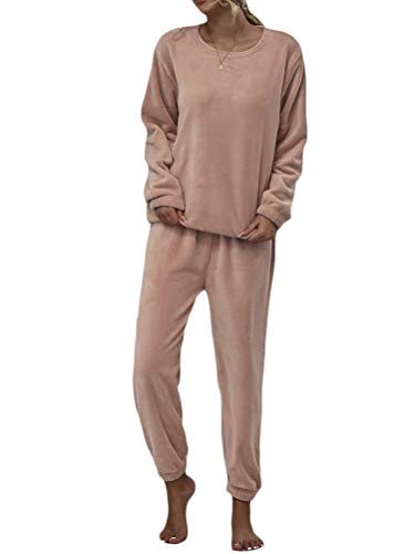 Minetom Damen Velours Hausanzug Weich Warm Samt Pyjamas Zweiteiler Freizeitanzug Mit Taschen Oberteil+Hose Für Winter Rosa XS von Minetom