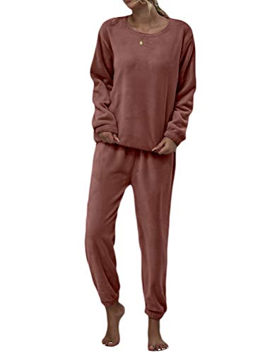 Minetom Damen Velours Hausanzug Weich Warm Samt Pyjamas Zweiteiler Freizeitanzug Mit Taschen Oberteil+Hose Für Winter Rot M von Minetom