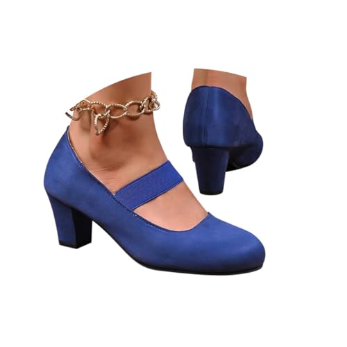 Minetom Damen Velours Pumps Spangenpumps Sandale Mit Kreuz Knöchelriemen Blockabsatz Geschlossener Perfekt Für Hochzeiten Und Partys B2 Blau 40 EU von Minetom