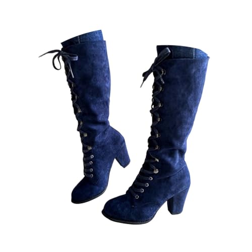 Minetom Damen Viktorianische Wildleder Stiefel Zum Schnüren Mit Blockabsatz Vintage Winterstiefel Mid Calf Boots A Blau 42 EU von Minetom