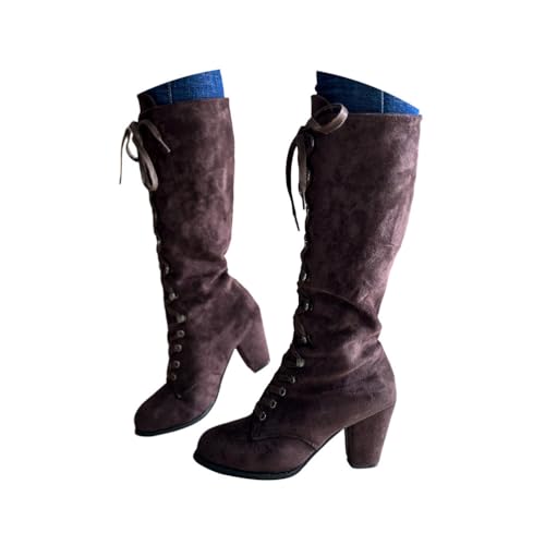 Minetom Damen Viktorianische Wildleder Stiefel Zum Schnüren Mit Blockabsatz Vintage Winterstiefel Mid Calf Boots A Braun 43 EU von Minetom