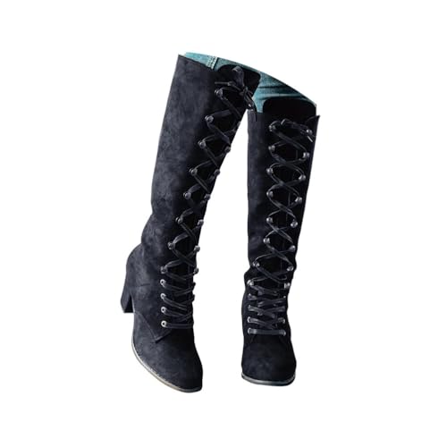 Minetom Damen Viktorianische Wildleder Stiefel Zum Schnüren Mit Blockabsatz Vintage Winterstiefel Mid Calf Boots A Schwarz 41 EU von Minetom