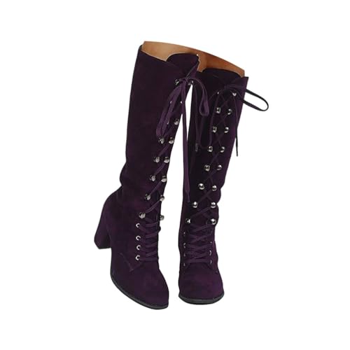 Minetom Damen Viktorianische Wildleder Stiefel Zum Schnüren Mit Blockabsatz Vintage Winterstiefel Mid Calf Boots A Violett 42 EU von Minetom
