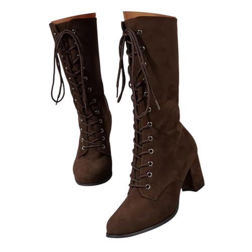 Minetom Damen Viktorianische Wildleder Stiefel Zum Schnüren Mit Blockabsatz Vintage Winterstiefel Mid Calf Boots B Braun 41 EU von Minetom