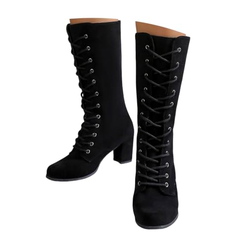 Minetom Damen Viktorianische Wildleder Stiefel Zum Schnüren Mit Blockabsatz Vintage Winterstiefel Mid Calf Boots B Schwarz 40 EU von Minetom