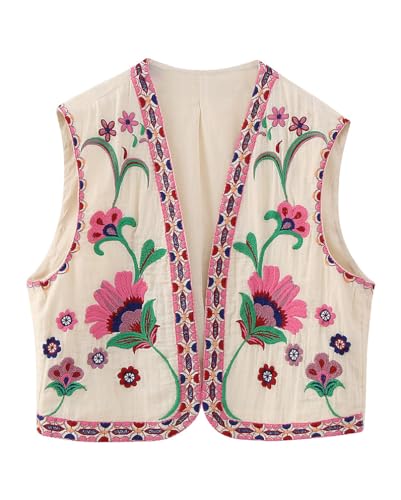 Minetom Damen Vintage Blumen Stickerei Kurze Weste Jacke Ärmellos Sommer Weste Boho Westen Cardigan Casual Patchwork Outwear Oberteile Tops A Beige S von Minetom
