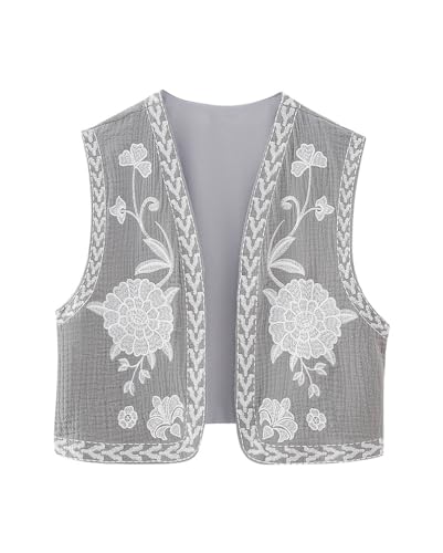 Minetom Damen Vintage Blumen Stickerei Kurze Weste Jacke Ärmellos Sommer Weste Boho Westen Cardigan Casual Patchwork Outwear Oberteile Tops A Hellgrau L von Minetom