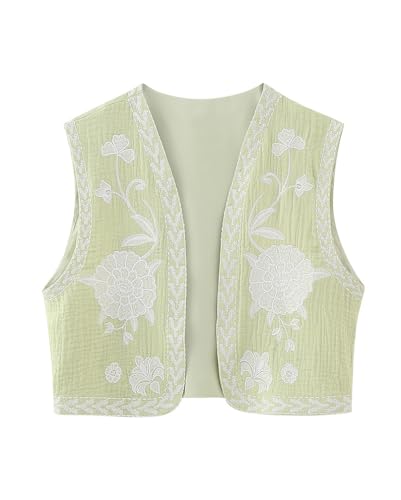 Minetom Damen Vintage Blumen Stickerei Kurze Weste Jacke Ärmellos Sommer Weste Boho Westen Cardigan Casual Patchwork Outwear Oberteile Tops A Hellgrün M von Minetom