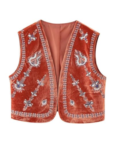 Minetom Damen Vintage Blumen Stickerei Kurze Weste Jacke Ärmellos Sommer Weste Boho Westen Cardigan Casual Patchwork Outwear Oberteile Tops B Rot S von Minetom