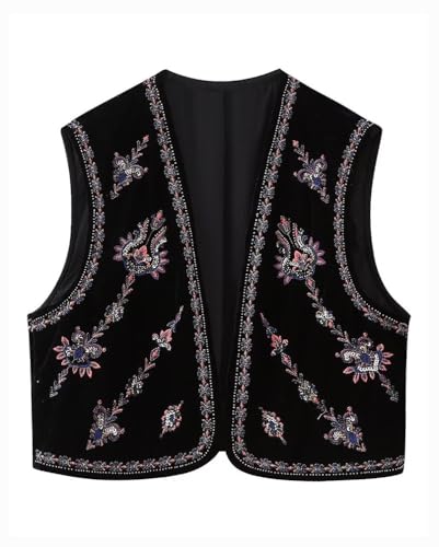 Minetom Damen Vintage Blumen Stickerei Kurze Weste Jacke Ärmellos Sommer Weste Boho Westen Cardigan Casual Patchwork Outwear Oberteile Tops B Schwarz L von Minetom