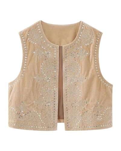 Minetom Damen Vintage Blumen Stickerei Kurze Weste Jacke Ärmellos Sommer Weste Boho Westen Cardigan Casual Patchwork Outwear Oberteile Tops E Khaki M von Minetom