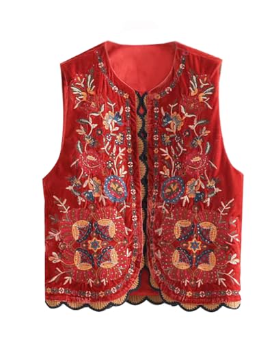 Minetom Damen Vintage Blumen Stickerei Kurze Weste Jacke Ärmellos Sommer Weste Boho Westen Cardigan Casual Patchwork Outwear Oberteile Tops F Rot M von Minetom