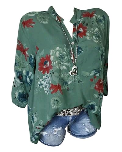 Minetom Damen Vintage Bohemian Blusen Boho Tunika Hippie Blumen Bluse Elegante Oberteile Tops Langarm Shirt 001 Grün 48 von Minetom