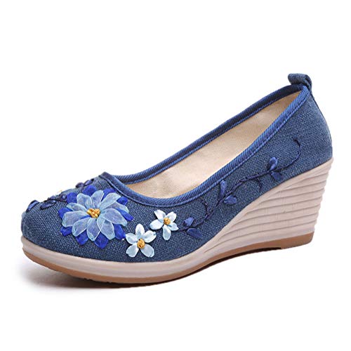 Minetom Damen Vintage Ethnische Bestickte Schuhe Tanzschuhe Plateau Keilabsatz Mokassins Slipper Ballerina Leinen Blumen Halbschuhe B Blau 40 EU von Minetom