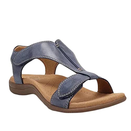 Minetom Damen Vintage Flache Strandsandalen Sommer Mit Weiche Fußbett Klettverschluss Sandalen Leicht Freizeit Schuhe A Blau 42 EU von Minetom