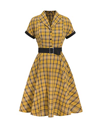 Minetom Damen Vintage Kariert Cocktailkleid V Ausschnitt 3/4 Ärmel Retro Hepburn Midi Cocktailkleider Retro Rockabilly Swing Kleider Kariertes Midikleid E Gelb M von Minetom