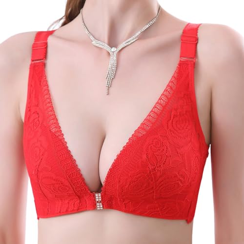 Minetom Damen Vorderverschluss BH Ohne Bügel Push Up BH mit Blumen Spitze Gepolstert Unterwäsch Bustier Dessous Top Komfort BH A Rot 85D von Minetom