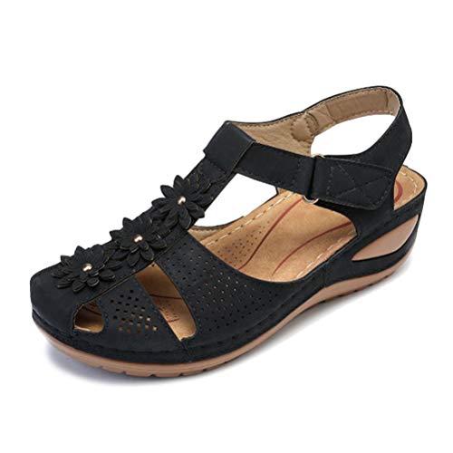 Minetom Damen Wandern Sandalen Frauen Outdoor Sport Sandalen Flach Verstellbare Klettverschluss Blume Sommer Freizeit Gemütliche Barfuß Gefühl Wanderschuhe B Schwarz 41 EU von Minetom