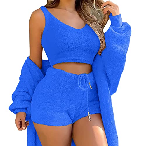 Minetom Damen Warm Fuzzy Fleece 3-Teilig Outfits Pyjamas Kuscheliges Strickset Offene Front Kapuzen Cardigan Top Shorts Oder Hoher Taille Hose A Dunkelblau L von Minetom