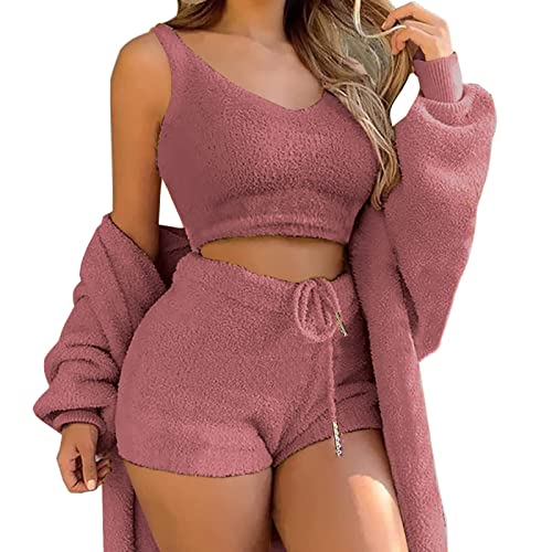 Minetom Damen Warm Fuzzy Fleece 3-Teilig Outfits Pyjamas Kuscheliges Strickset Offene Front Kapuzen Cardigan Top Shorts Oder Hoher Taille Hose A Dunkelrosa XS von Minetom